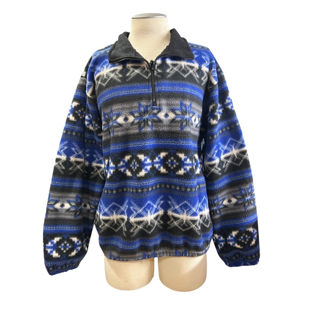 ME Sport Mens Fleece Pullover Quarter Zip Large Blue Nordic Geometric Snowflake